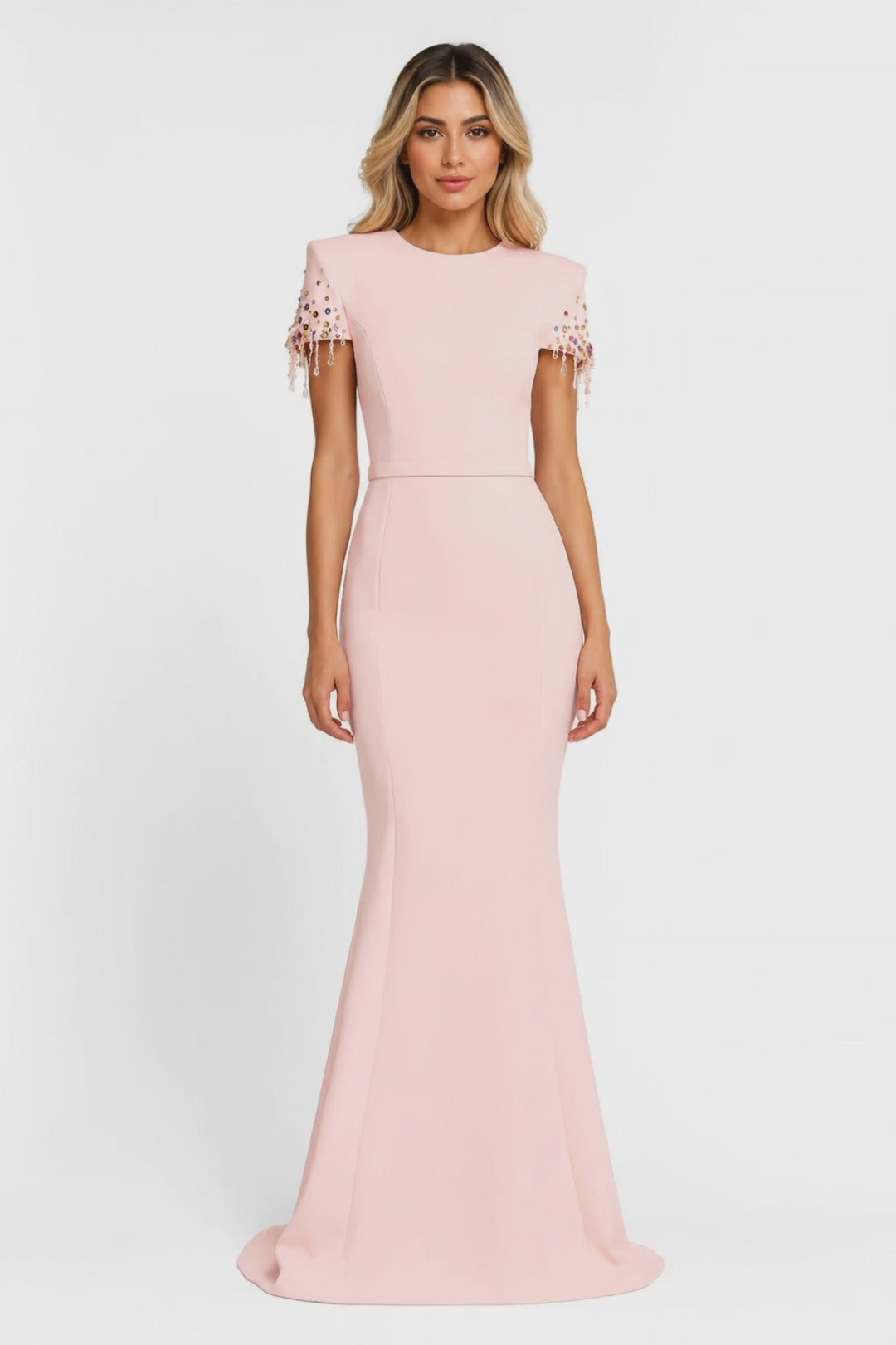 Blush Beaded Sleeve Mermaid Gown - Rosé
