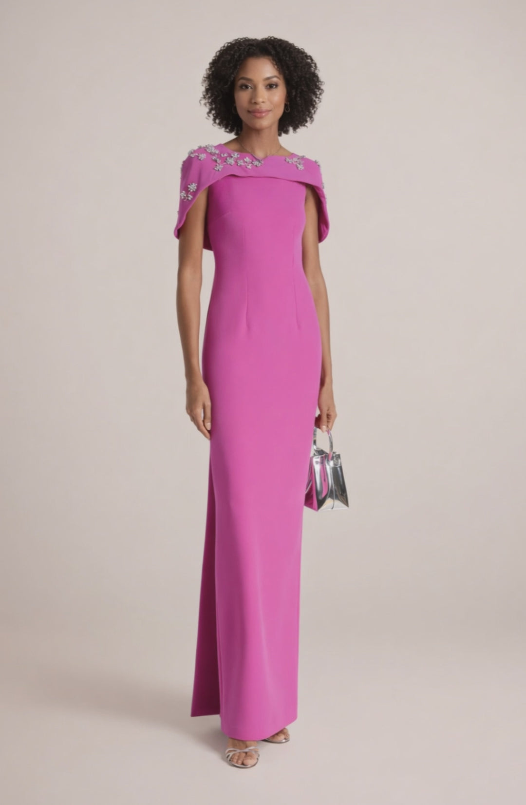 column gown with embellished cape neckline – FUCHSIA