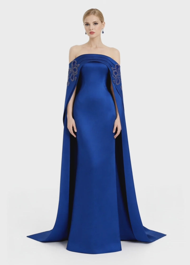 strapless column gown with embroidered cape overlay – VEIL