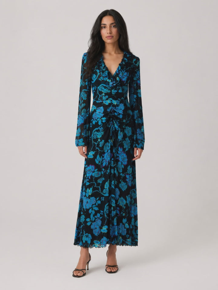 Midnight Bloom Floral Ruched Maxi Dress - Allure