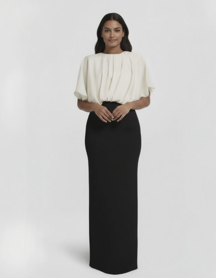 two-tone column gown with pleated blouson top – OPHELIA-1