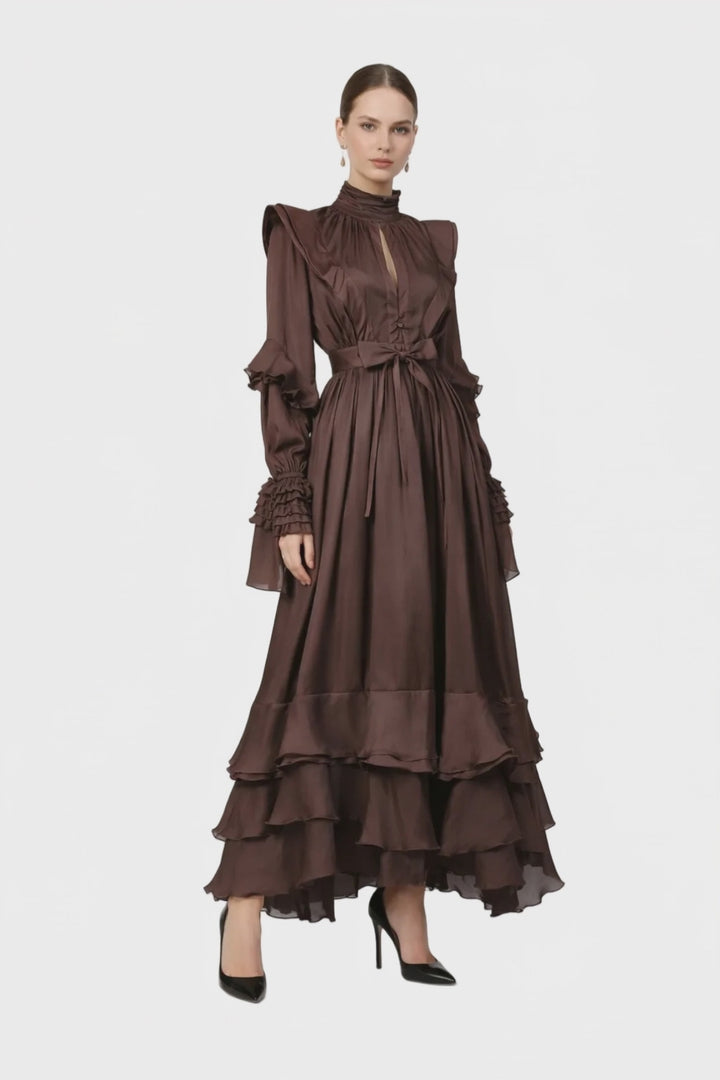 High-neck ruffled maxi dress with layered cuffs – ELARA