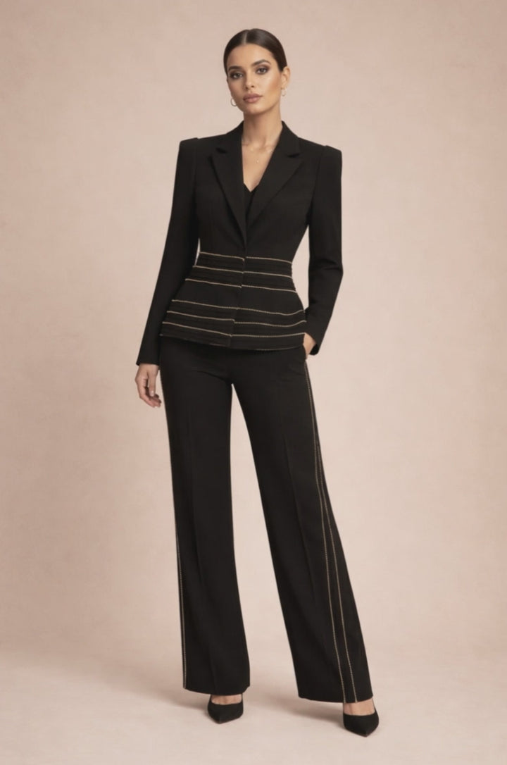 tailored blazer and straight-leg pants set with embellished waist – RUBELLA