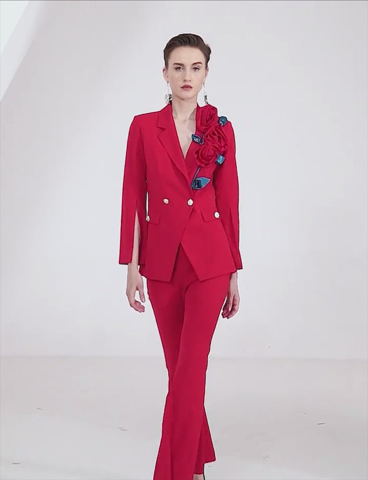 cape-sleeve blazer set with 3D floral appliqué – CARMEN