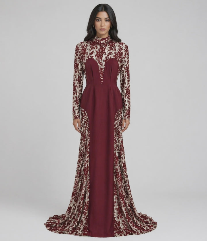 Red Lace Panel Mermaid Maxi Dress with High Neck - VELVORA