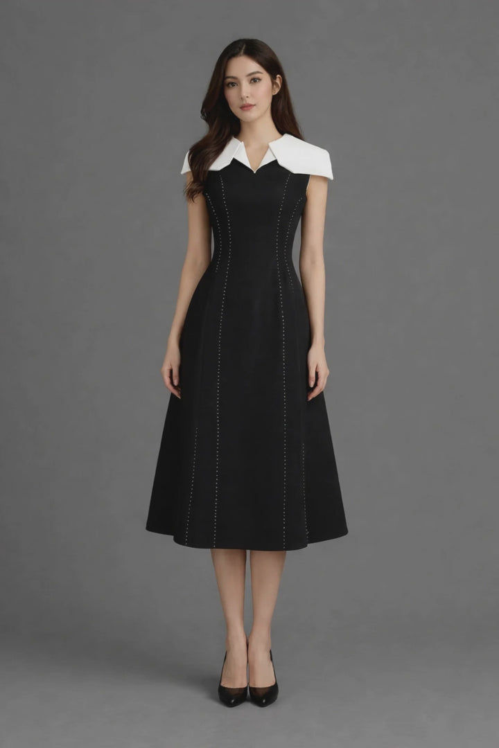 sleeveless midi dress with contrast oversized collar and contour stitching – MONO