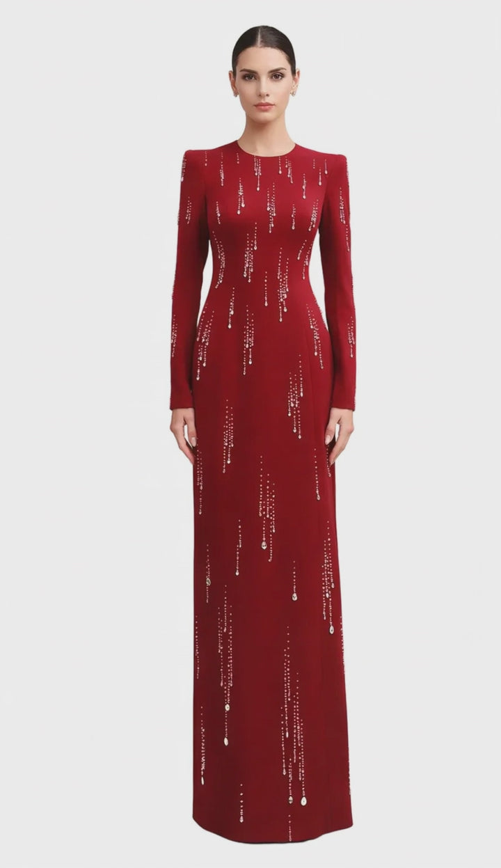 Long-Sleeve Embellished Column Evening Dress – CRIMSON