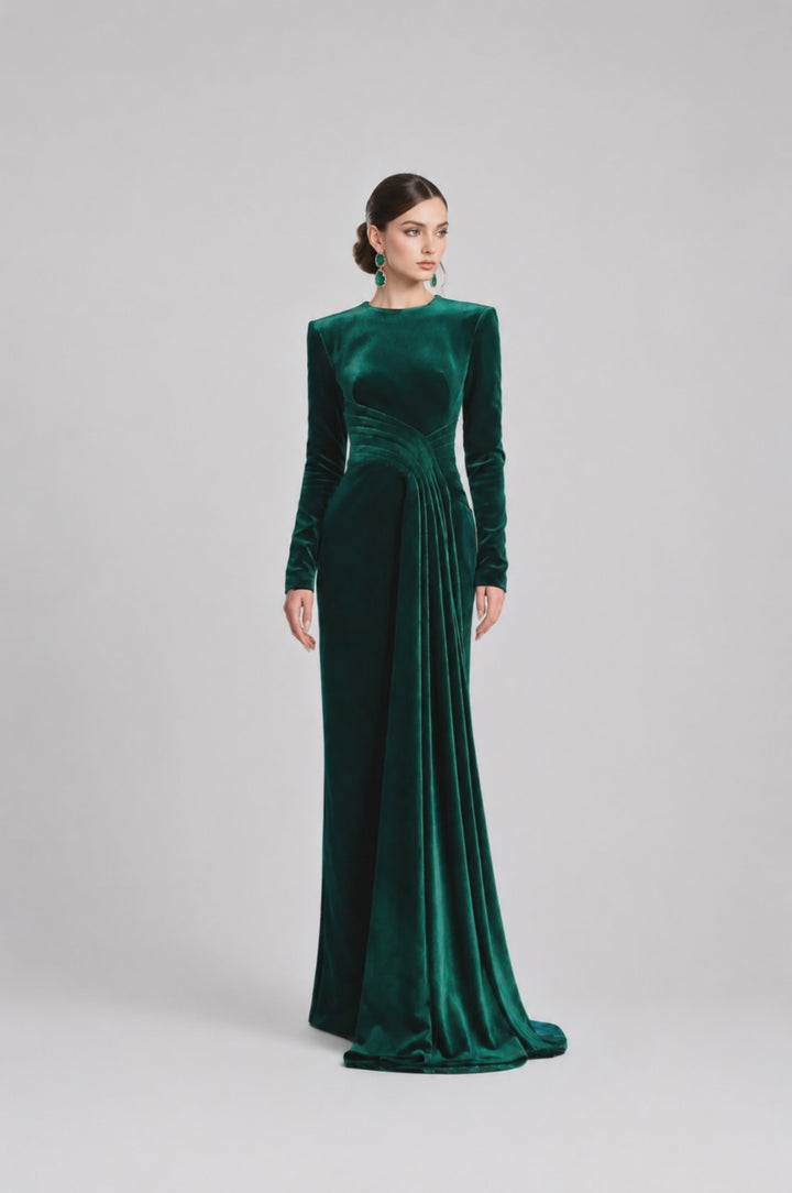 Long-sleeve velvet gown with draped waist – ENERALS