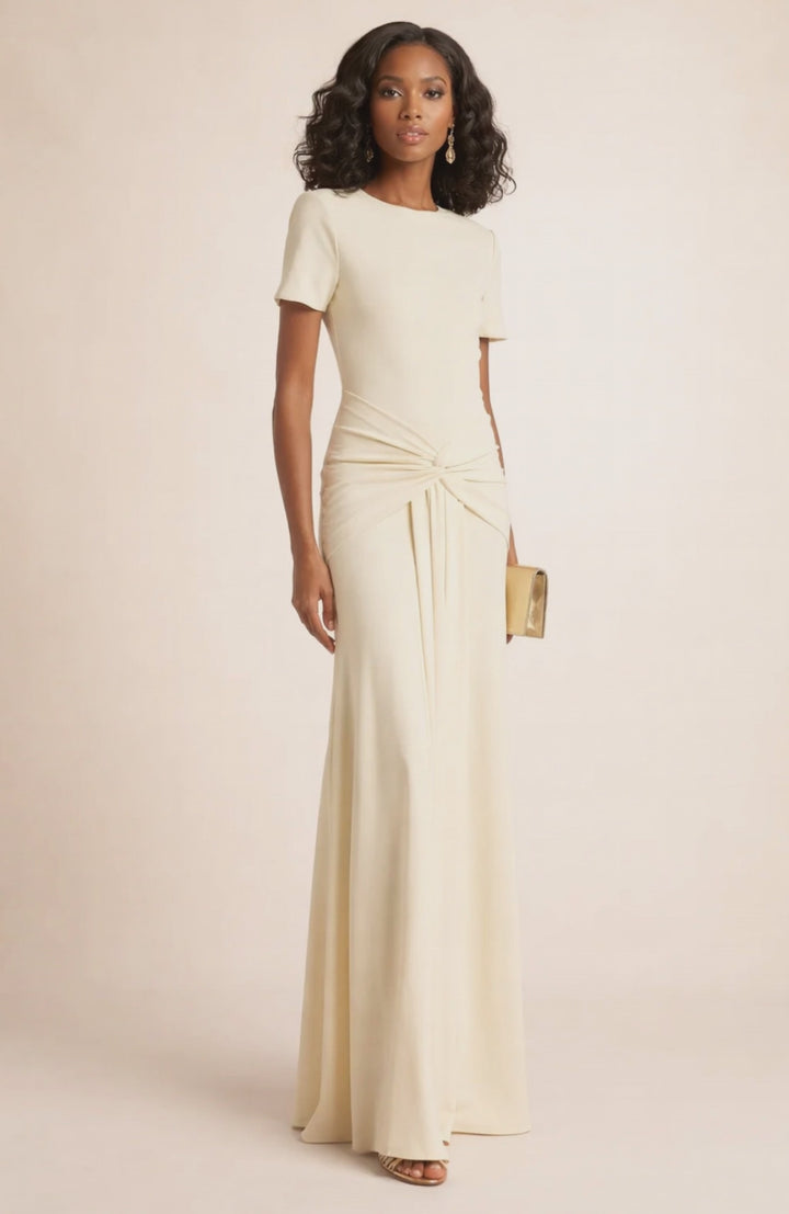 short-sleeve draped column dress with twisted waist detail – HMADA