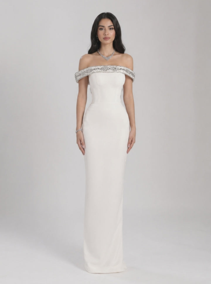 Ivory Off-Shoulder Evening Gown with Crystal Embellished Neckline – ÉLARAS