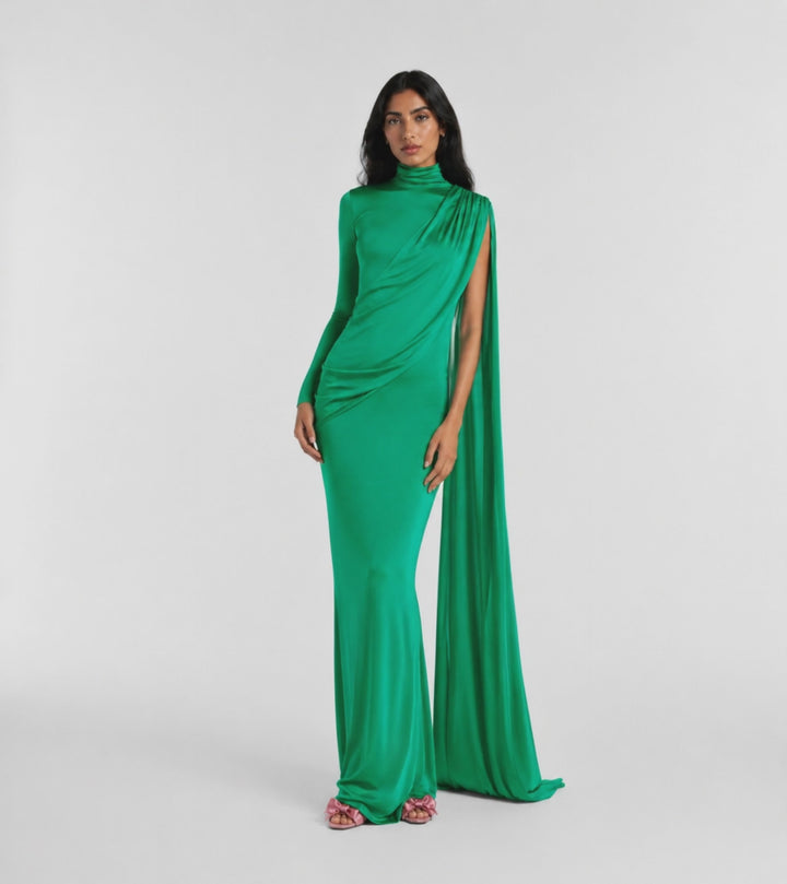 Emerald Draped Cape Evening Gown - Elara