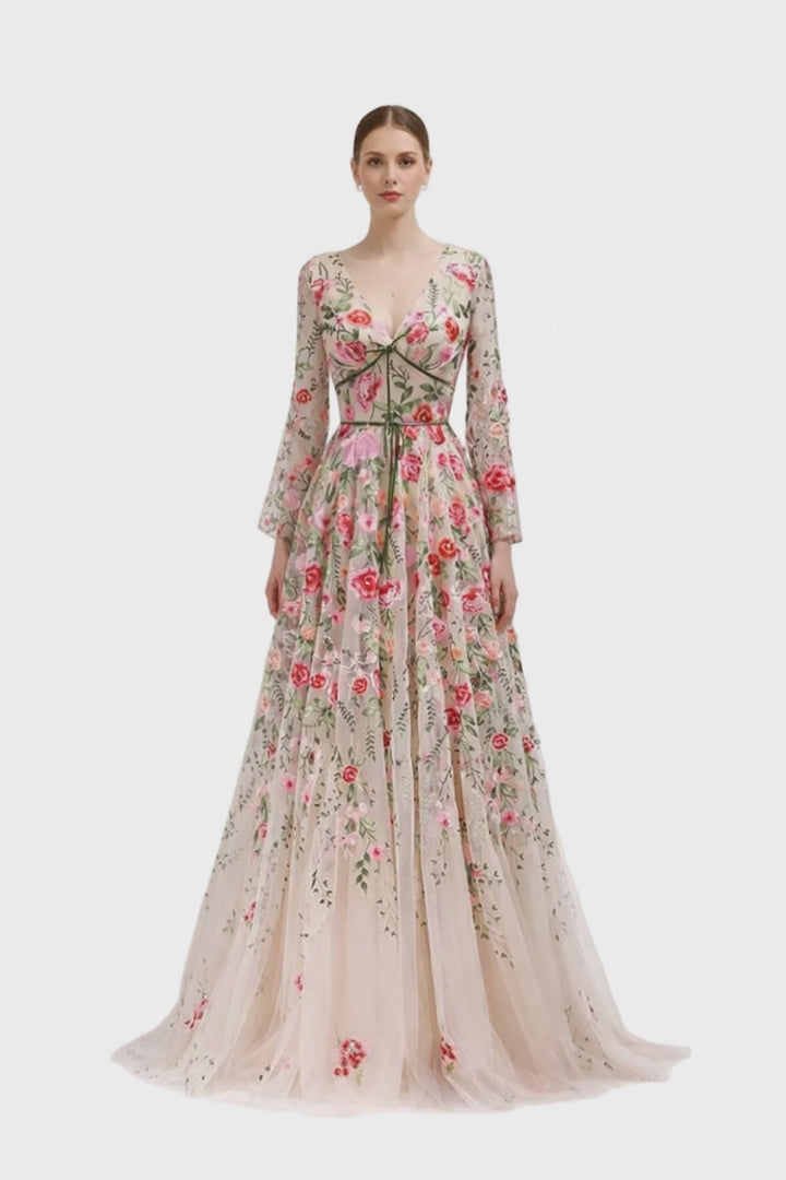 long sleeve floral embroidered tulle maxi dress – BLOSSOM