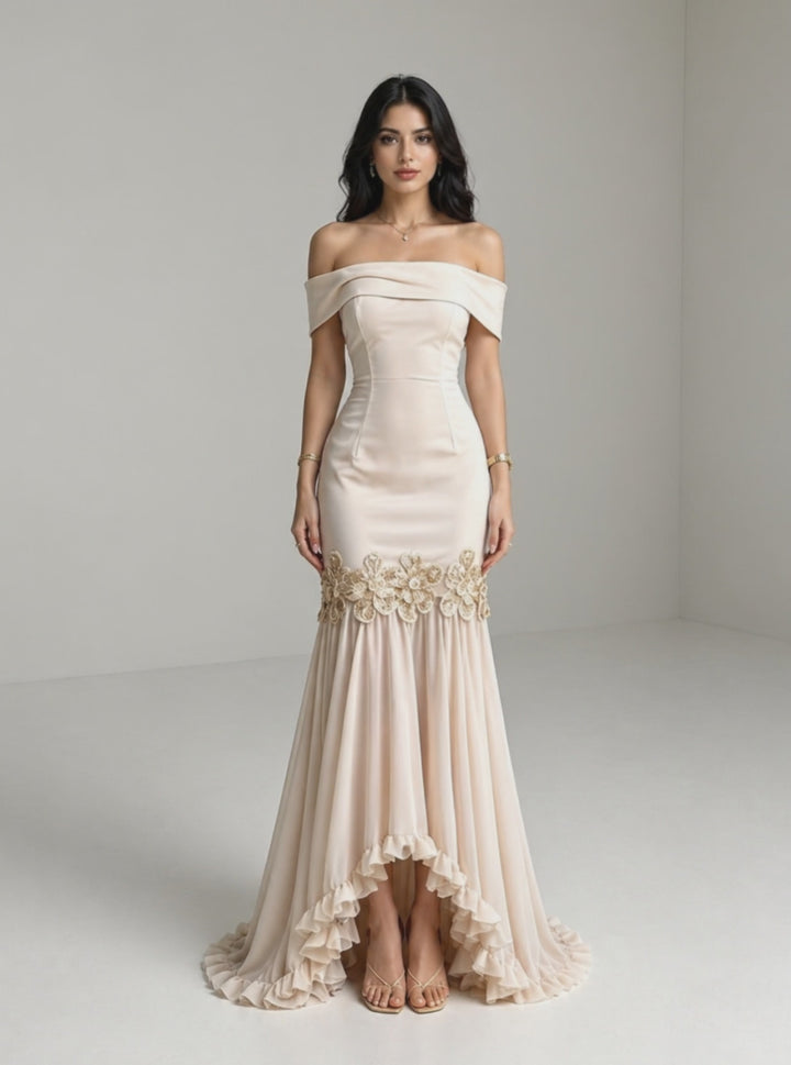 Champagne Off-Shoulder Lace Trim High-Low Mermaid Evening Dress – ÉLARAH