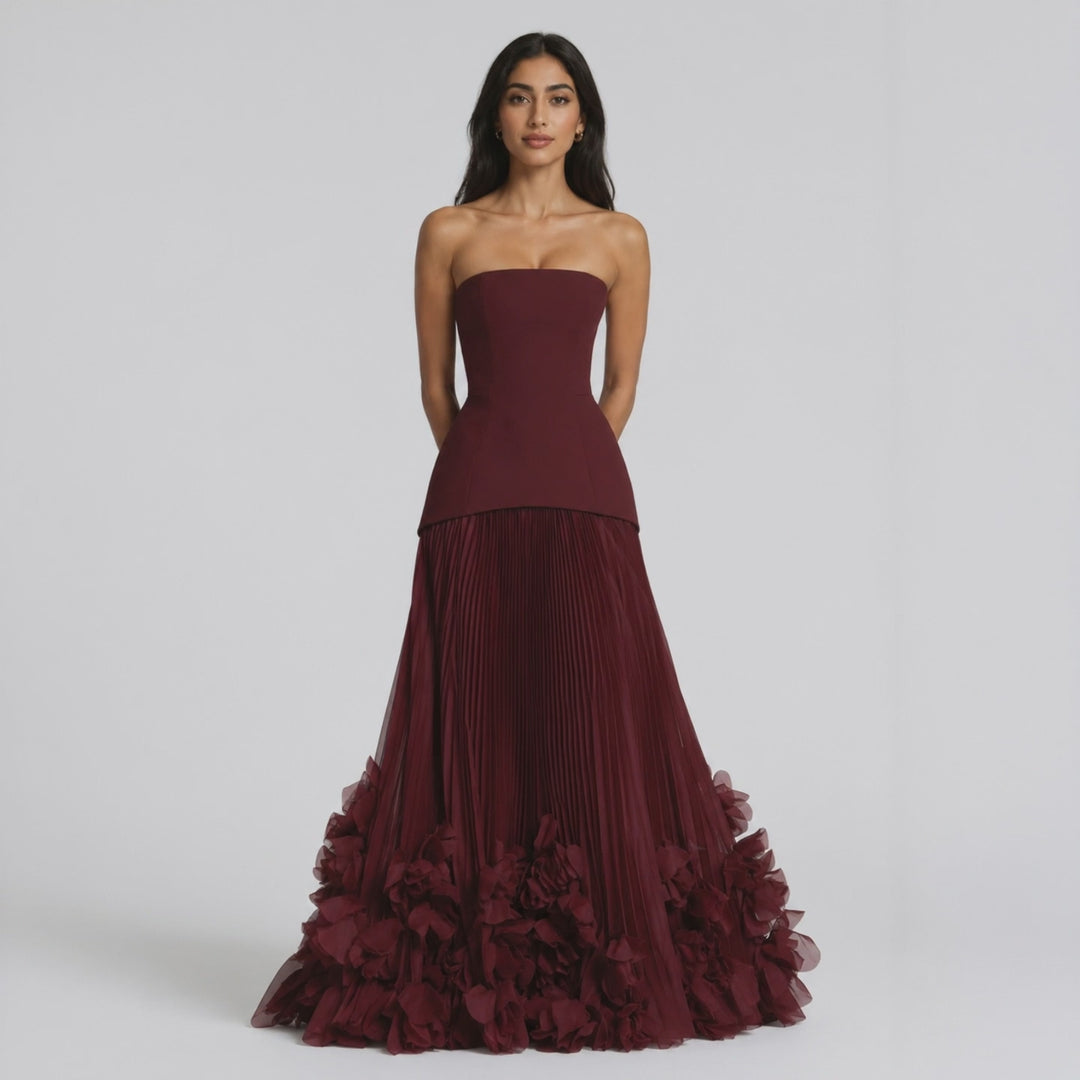 Burgundy Floral Hem Gown - Prestige