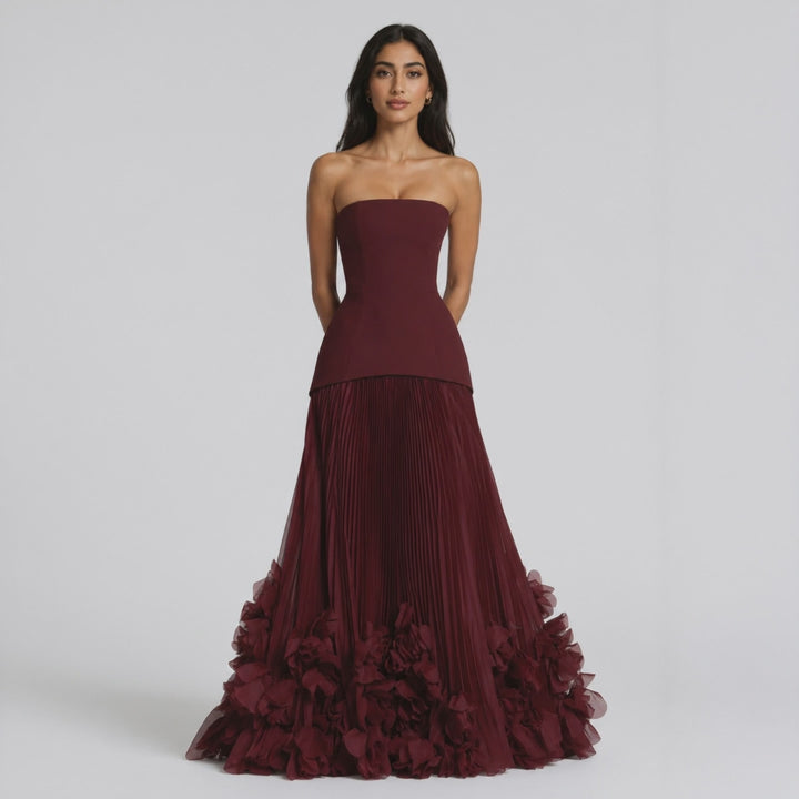 Burgundy Floral Hem Gown - Prestige