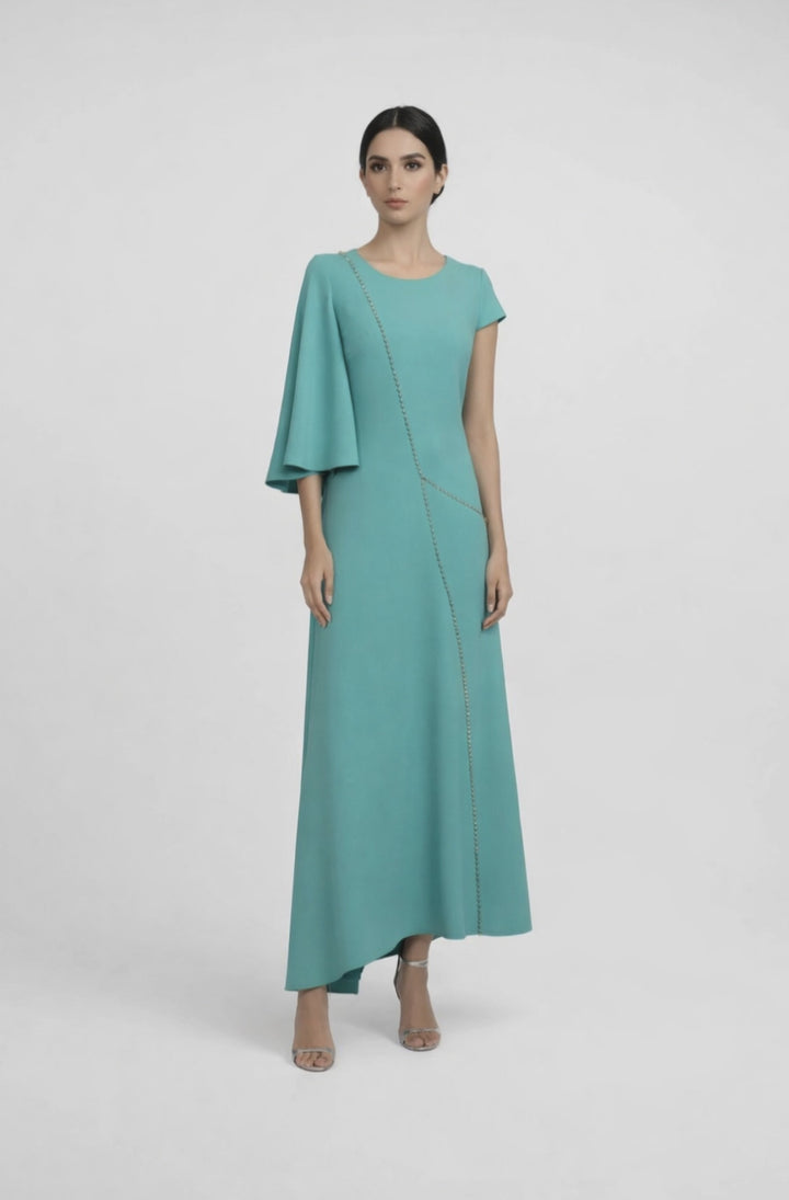 asymmetrical midi dress with cape sleeve and chain detail – EMERALD