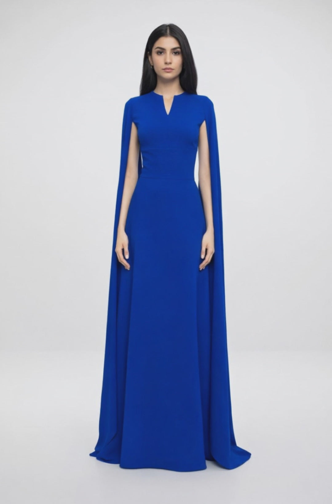 high-neck column dress with shoulder cape – AZURA
