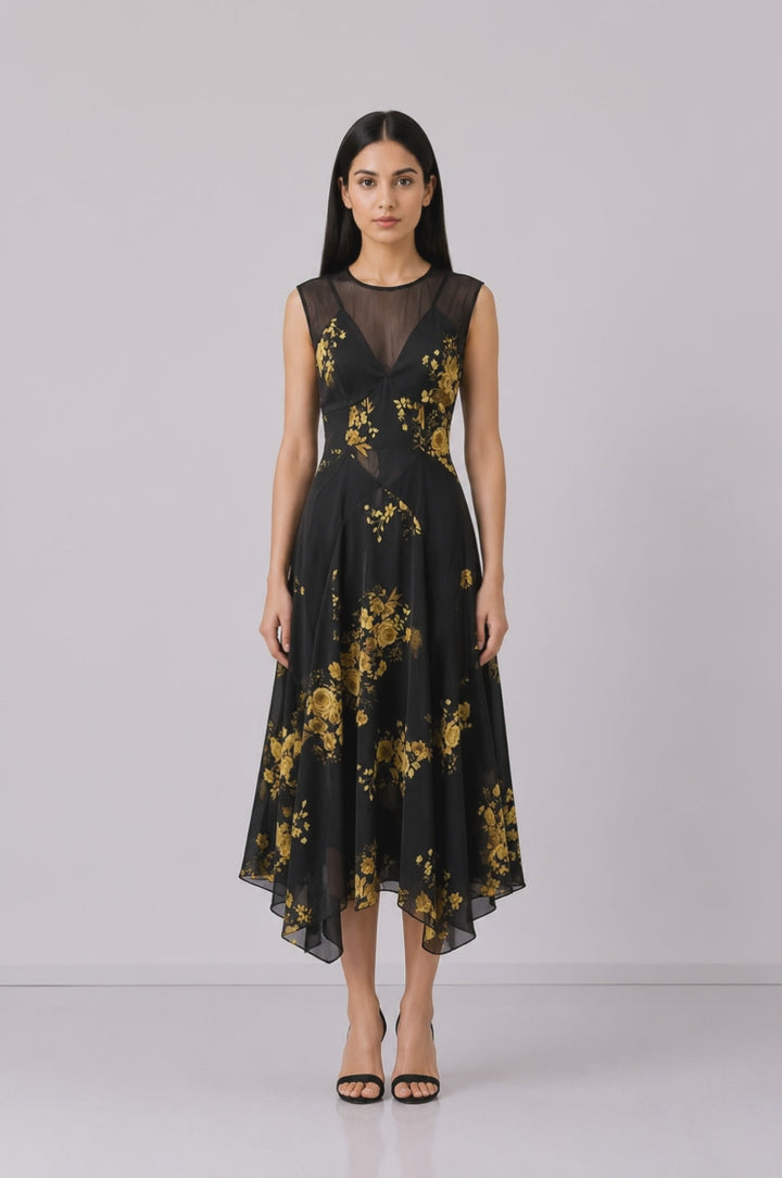 Black Floral Mesh Midi Dress - Midnight