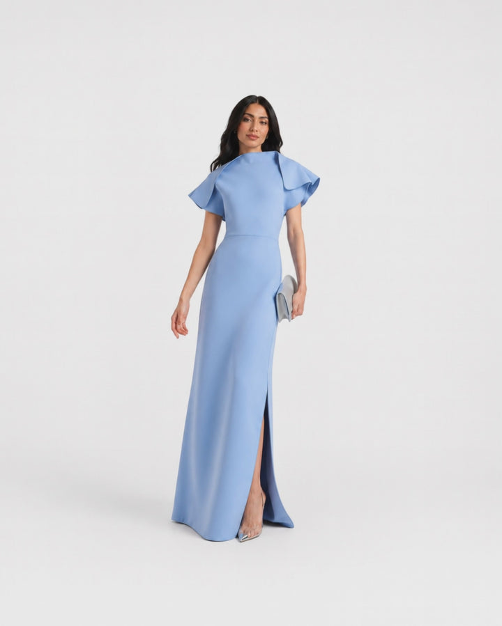 Powder Blue Flutter Sleeve Evening Gown - Celestia