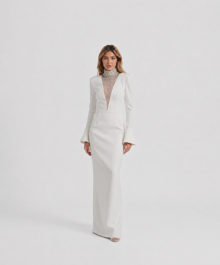 Ivory Crystal Neckline Evening Gown - Lumière