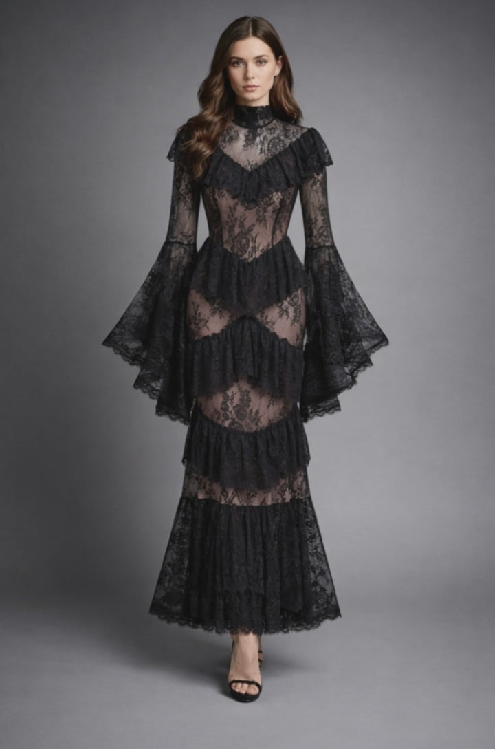 high neck lace ruffle dress with sheer panels – NOIR