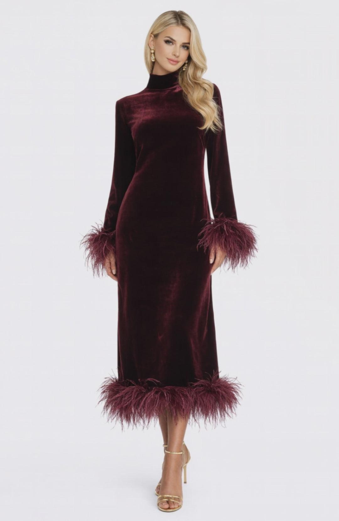 long sleeve velvet midi dress with feather trim – BURER