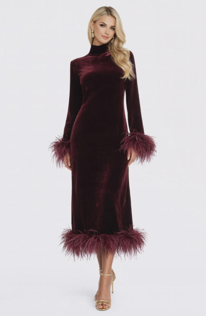 long sleeve velvet midi dress with feather trim – BURER