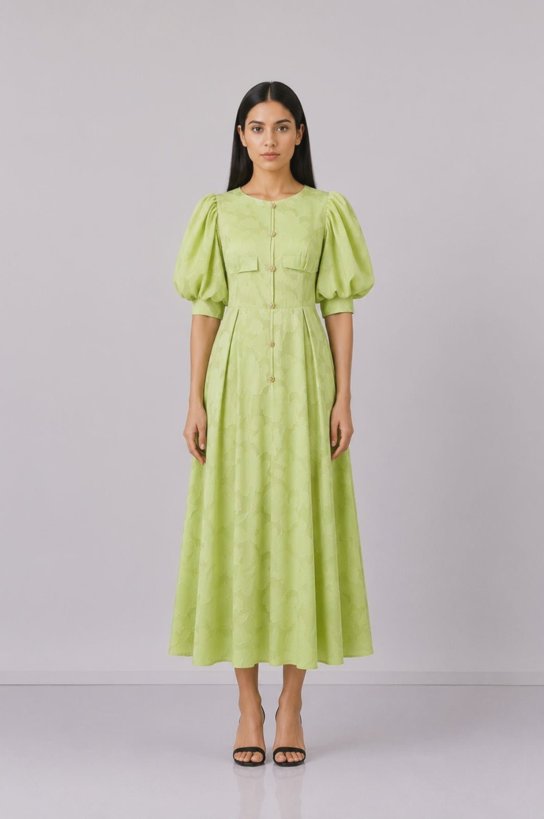 Lime Puff Sleeve Jacquard Dress - Bloom