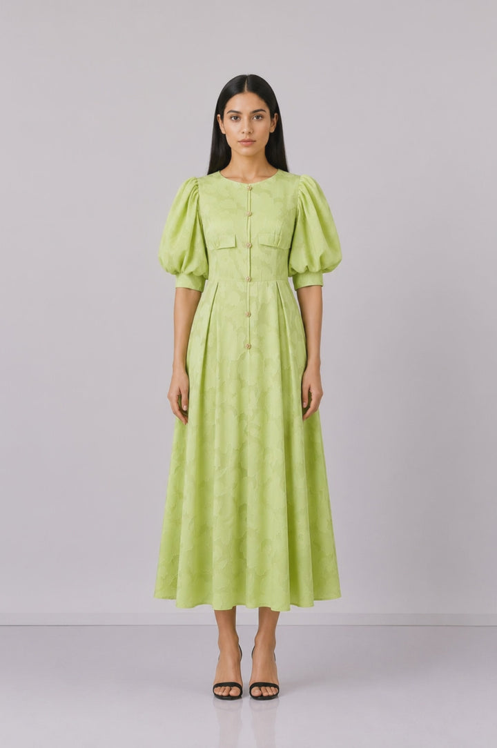Lime Puff Sleeve Jacquard Dress - Bloom