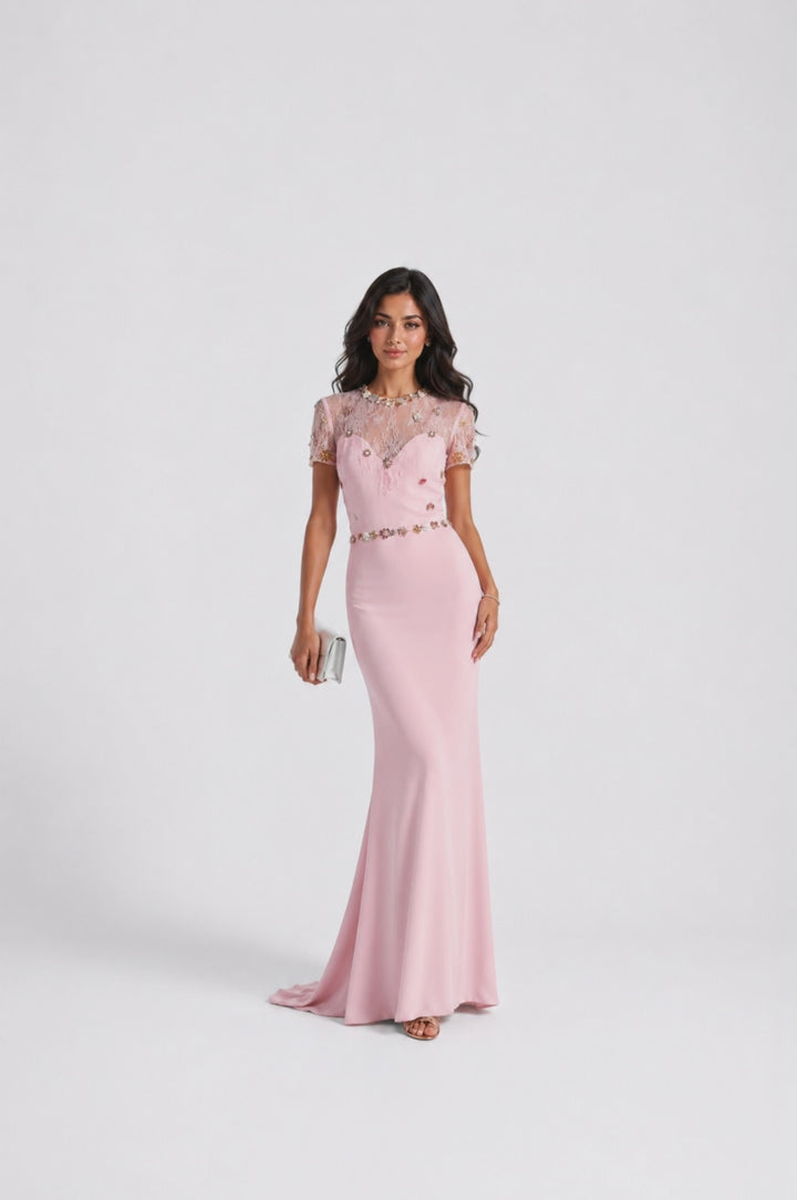 Blush Pink Embellished Lace Evening Gown - Blossom