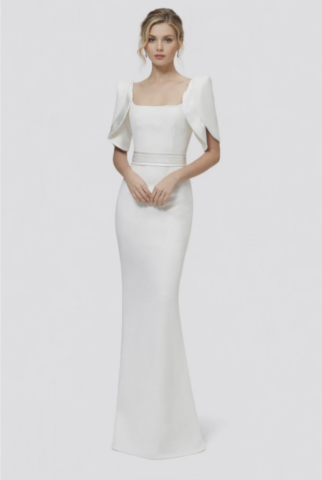 square-neck column gown with sculpted cape sleeves – GRACEL