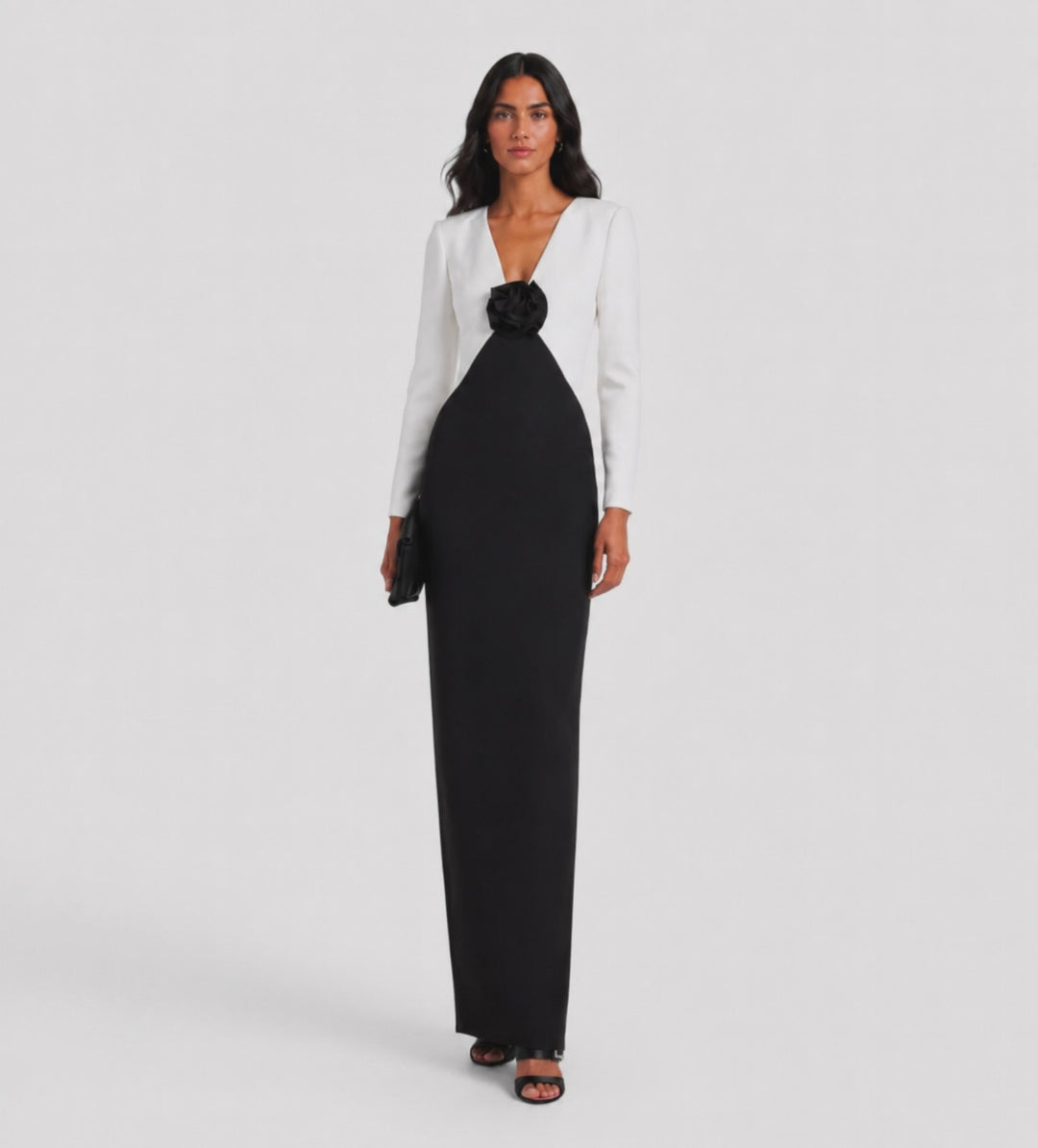 Black & White Rose Detail Evening Gown - Monique