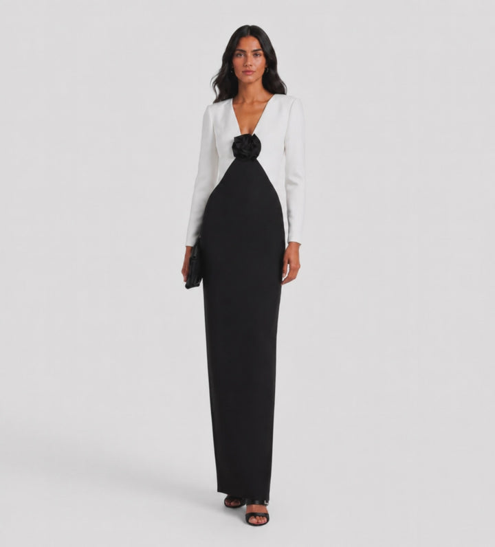 Black & White Rose Detail Evening Gown - Monique