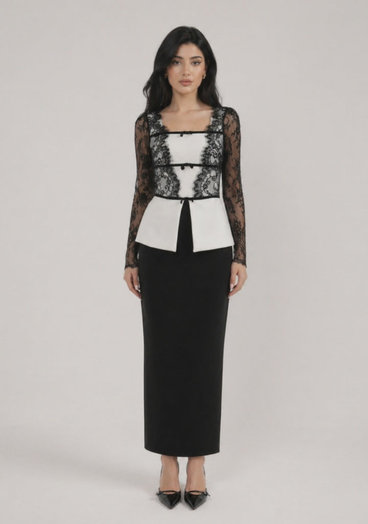 Black & Ivory Lace Panel Midi Dress with Structured Waist – NOIRÉ