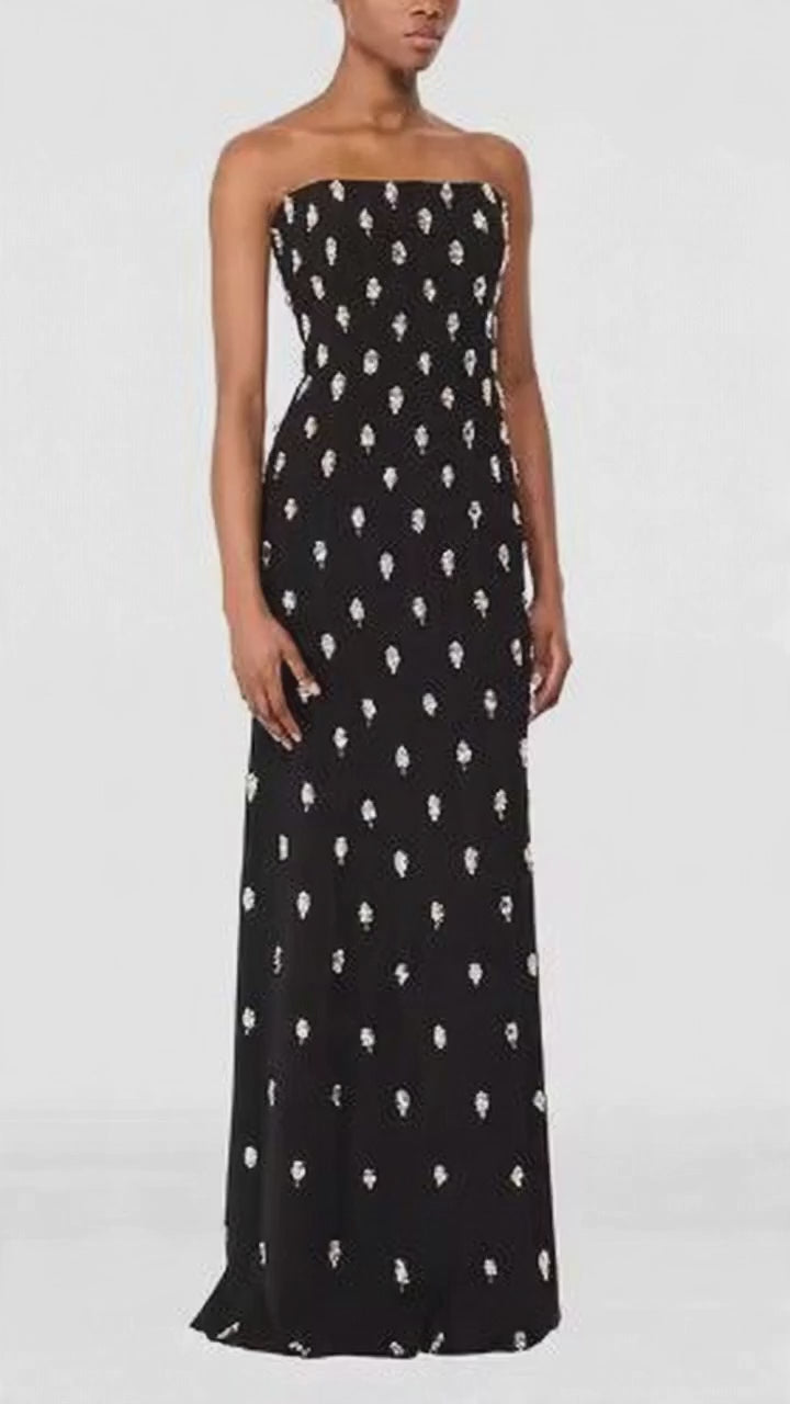 long-sleeve column gown with gold motif embellishments – SERAPHINE