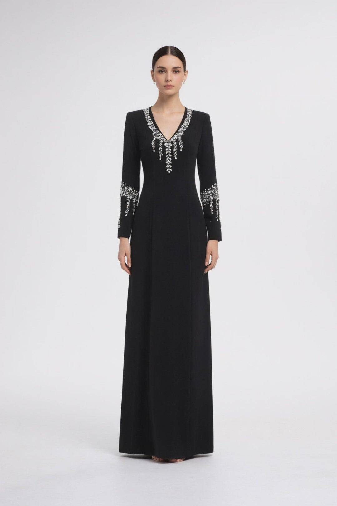 long sleeve column dress with embellished neckline and cuff details – GLIMMER