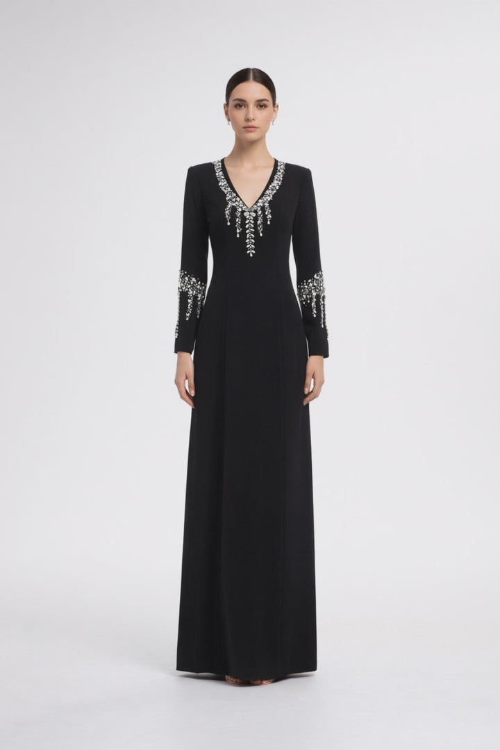 long sleeve column dress with embellished neckline and cuff details – GLIMMER