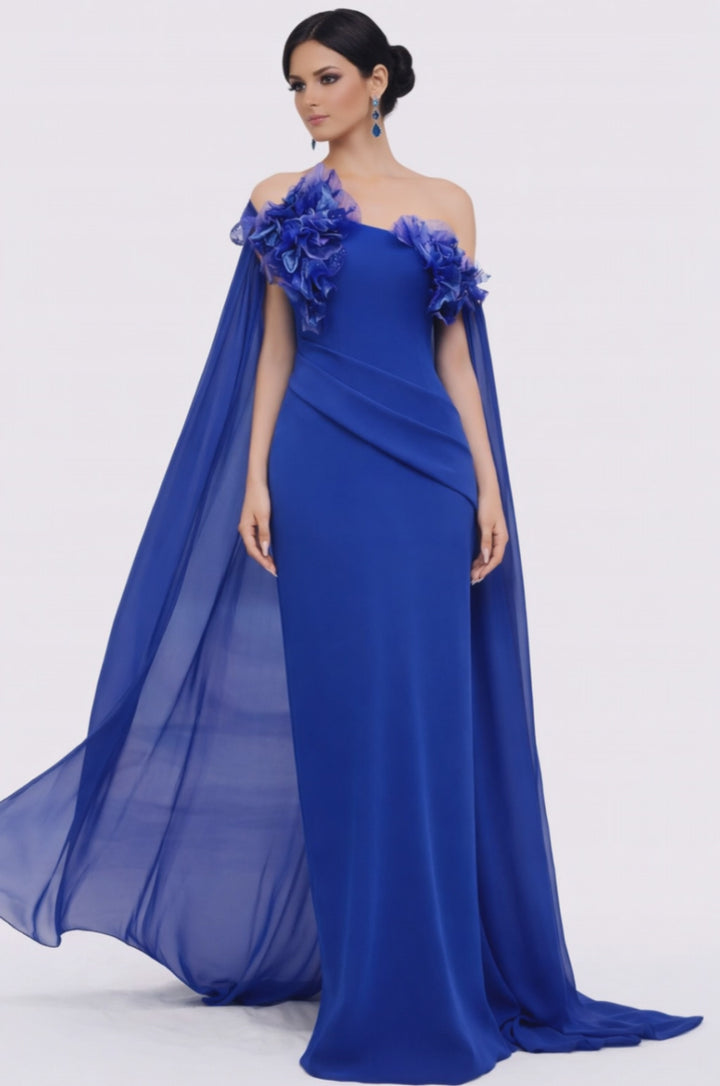 one-shoulder draped gown with floral appliqué and chiffon cape – OCEAN