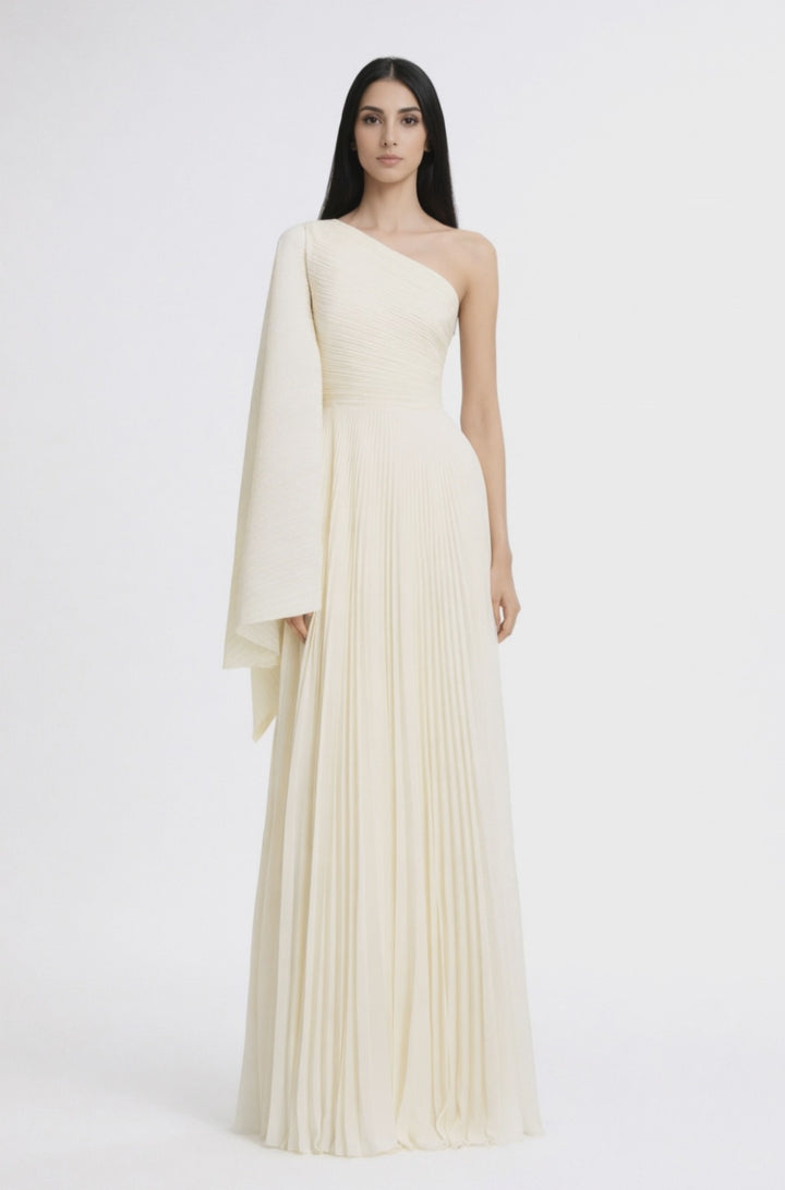 one-shoulder pleated gown with draped cape sleeve – IVORY