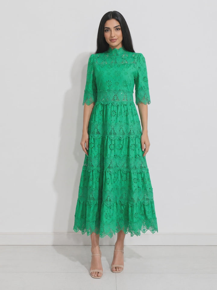 Emerald Eyelet Lace Tiered Maxi Dress - Envy