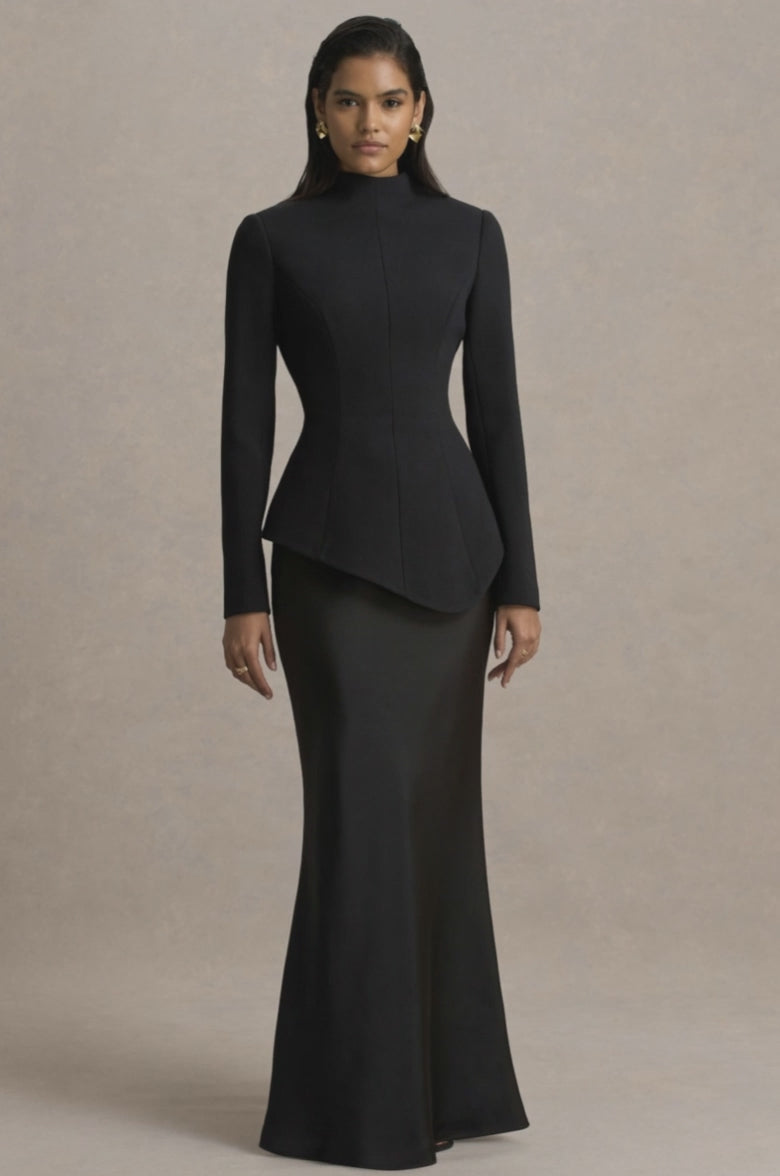 structured long-sleeve gown with sculpted waist – AURORA