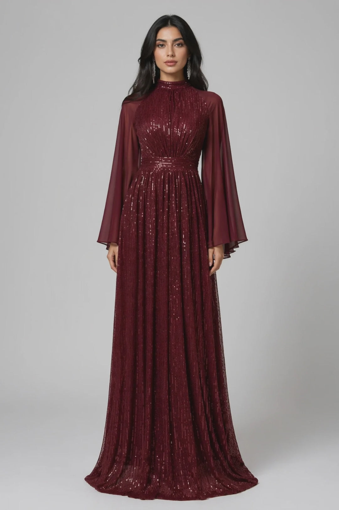 Burgundy Sequin Flowy Sleeve Evening Dress-ELVIRE
