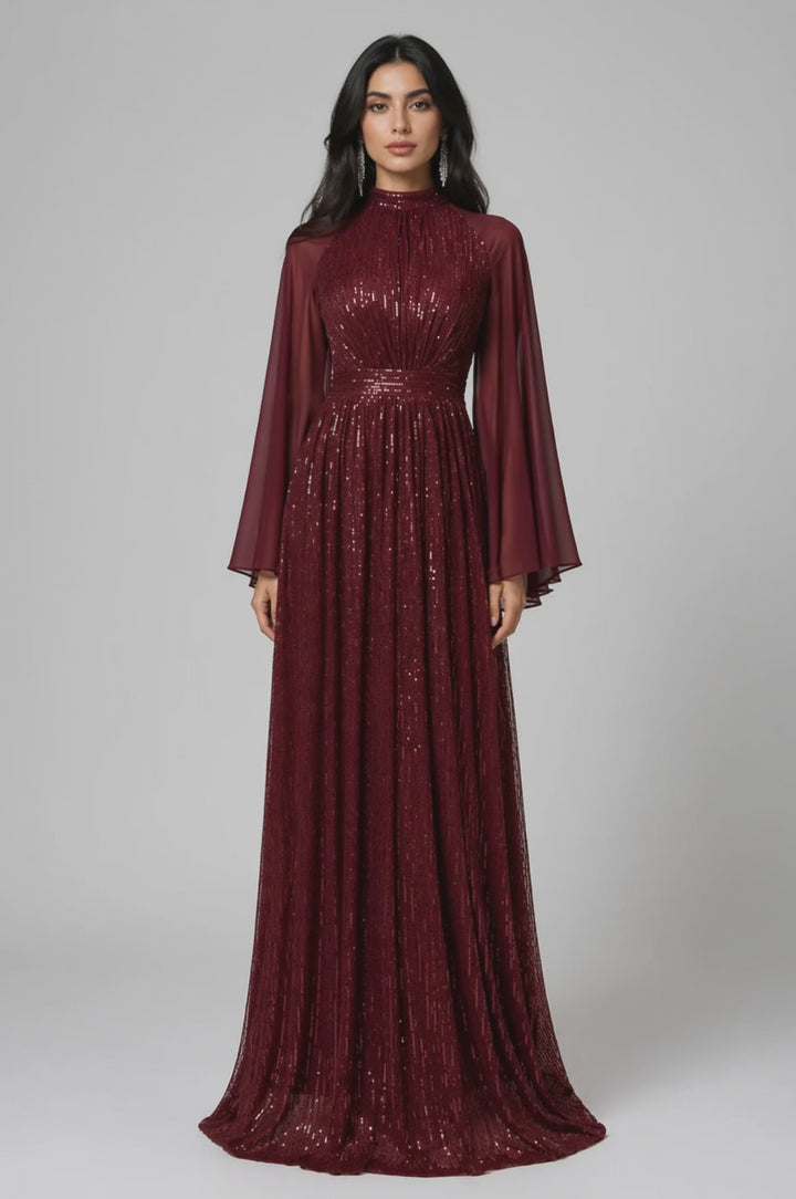 Burgundy Sequin Flowy Sleeve Evening Dress-ELVIRE
