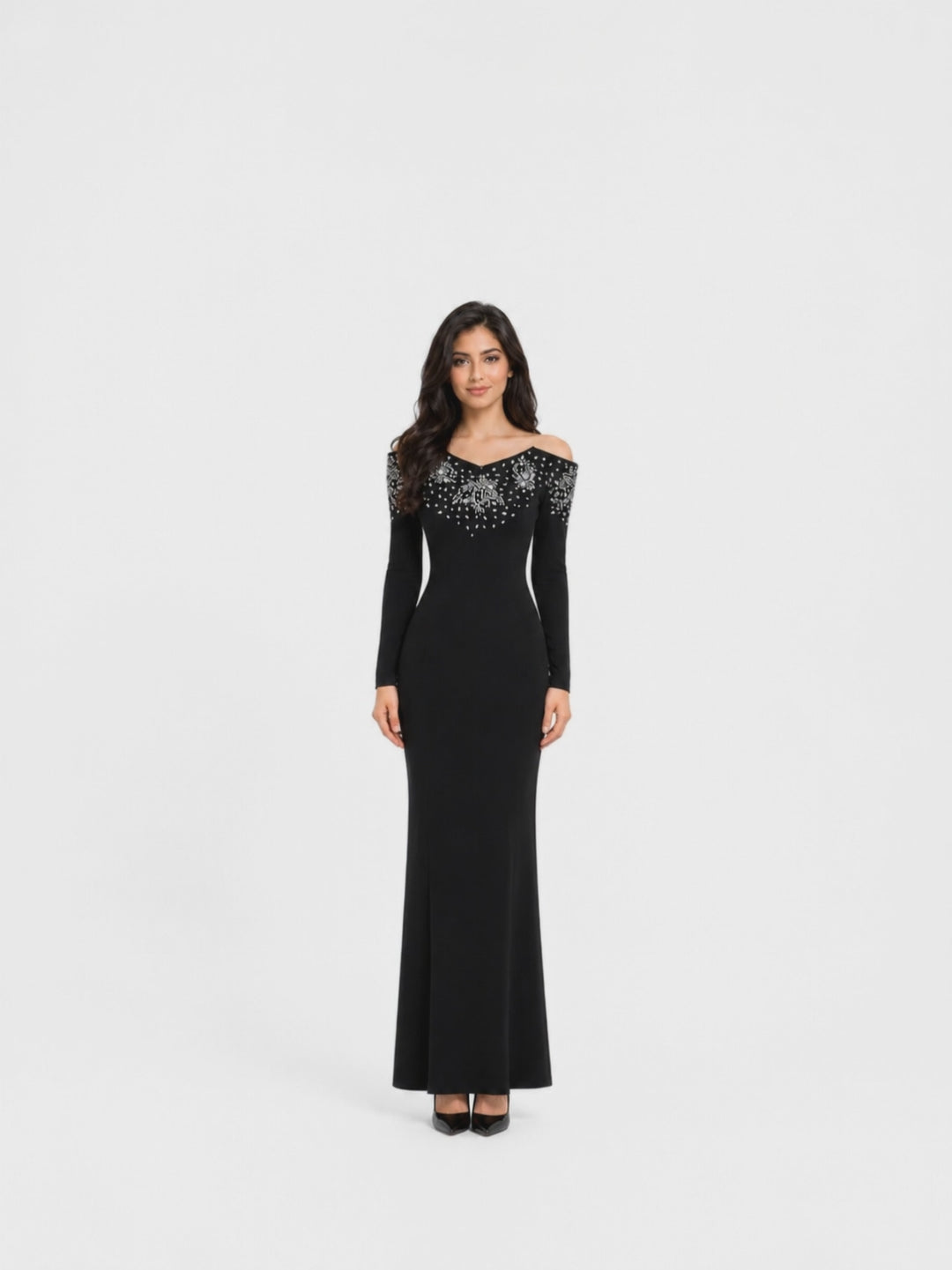 embellished cold-shoulder evening gown with beaded neckline – LYRSA