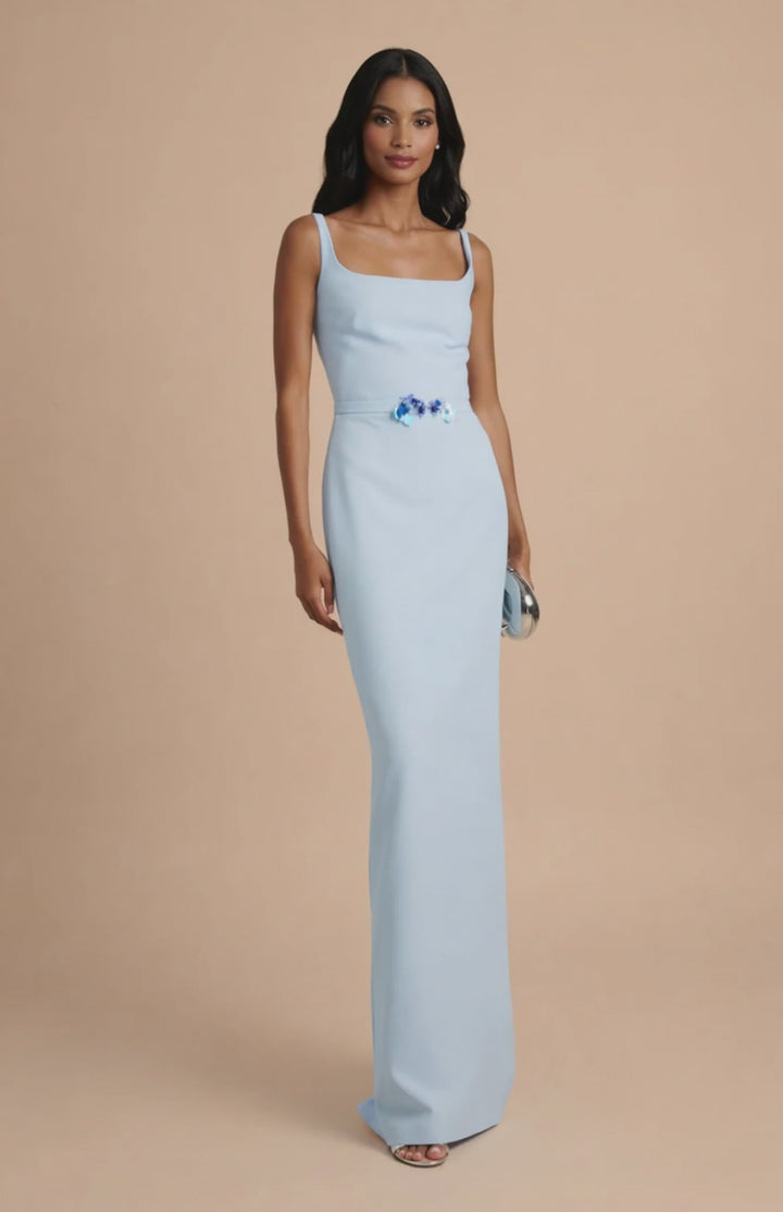 sleeveless square-neck column dress with floral waist detail – AZURIA