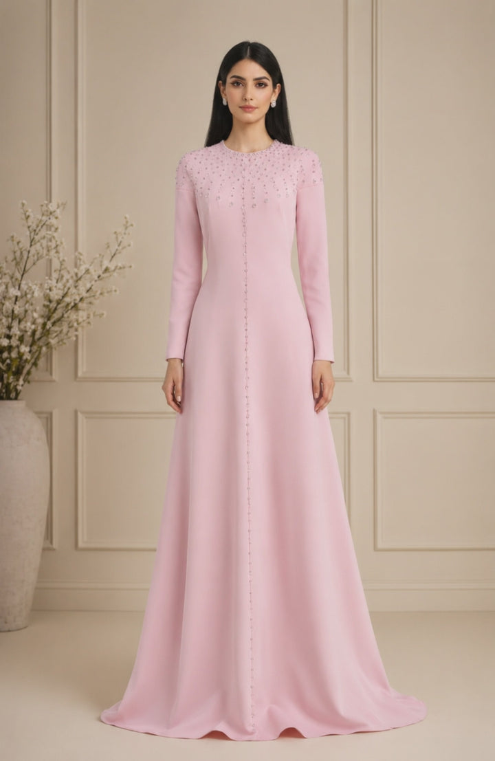 فستان طويل الأكمام مزين بقصة حرف A مع تفاصيل أمامية - لون وردي فاتح