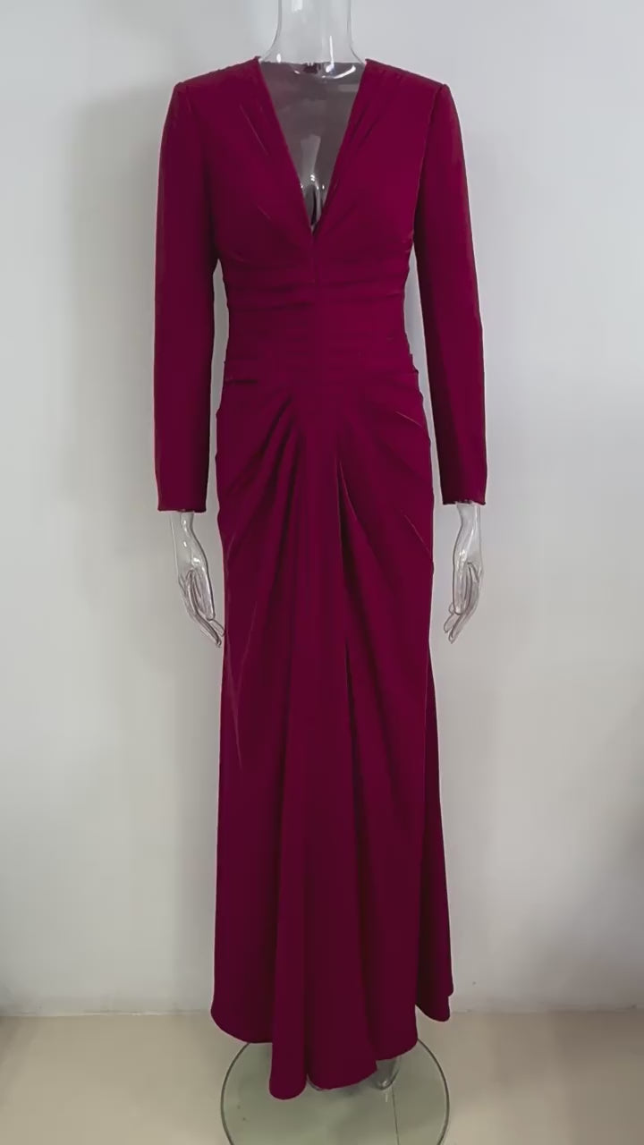 Red Ruched Mermaid Maxi Dress with Deep V Neck - RUBELLA