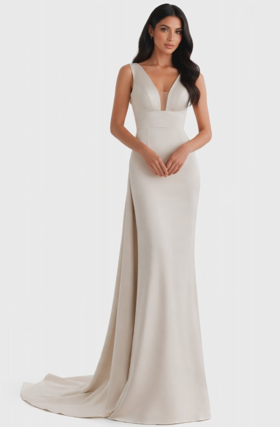 sleeveless deep v-neck column gown with side slit train – BLUSIR