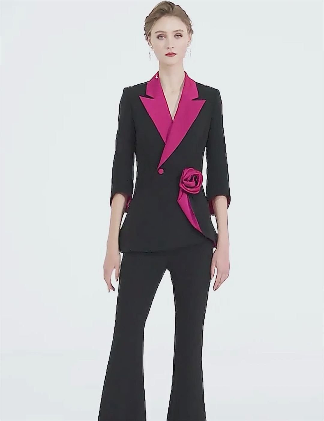 contrast-lapel blazer set with satin rose detail – VERENA