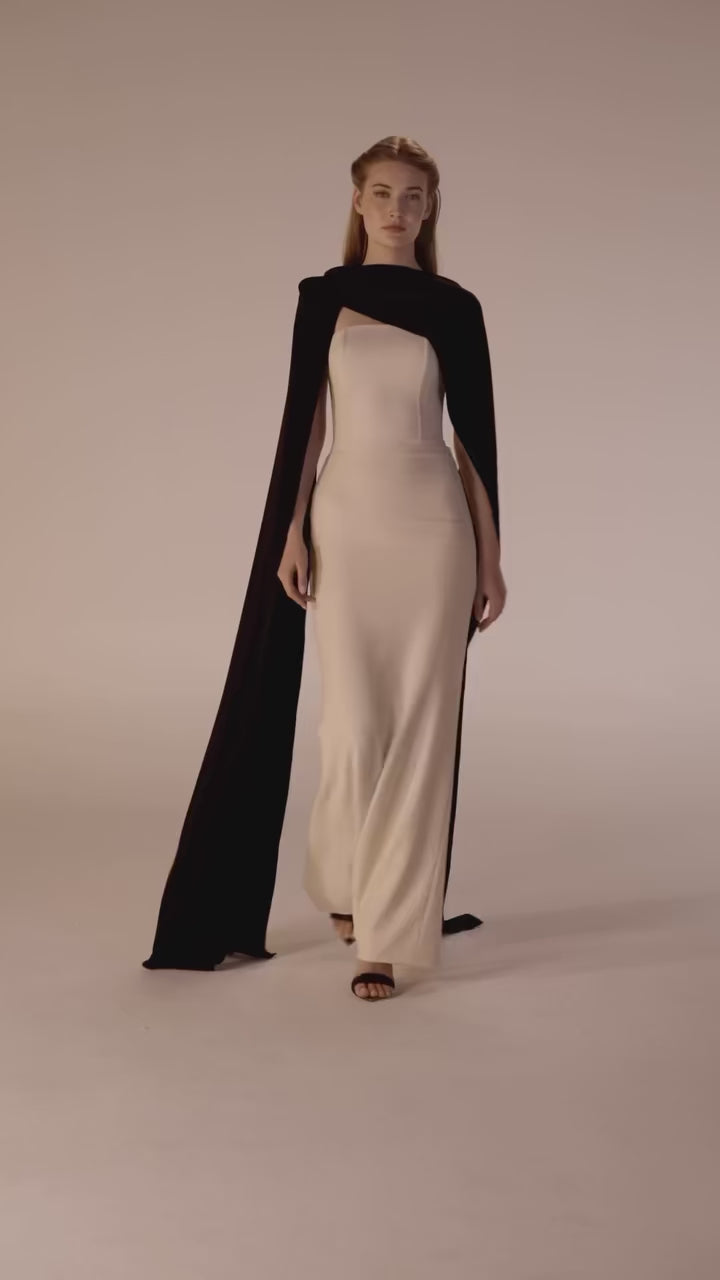 Strapless column gown with contrast cape – Ranen